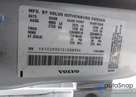 2005 Volvo Xc90 2.5T Awd z USA, uszkodzony, nr VIN YV1CZ592151208954